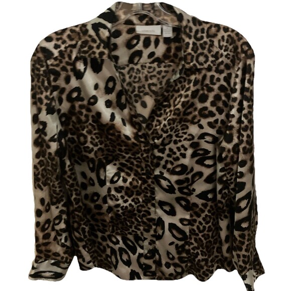 Chicos Top Blouse 2 L Satin Brown Cheetah Print Animal Print - Picture 1 of 3